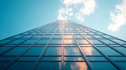 Fototapeta premium Modern Glass Skyscraper Reflecting Sky and Clouds