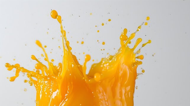 A dynamic splash of orange juice captured mid-air against a solid white background, droplets glistening and creating a vibrant and refreshing feel. 
