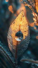 Close-up of a glistening leaf with a water droplet reflecting warm light in a frosty environment