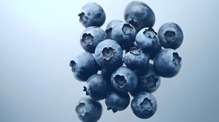 A cluster of fresh blueberries, plump and vibrant, floats against a soft blue background.  Close-up shot showcasing the texture and color of the berries.