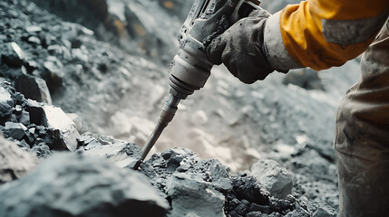 Mining worker using a pneumatic drill to break through rock at a mining site. Featuring rock drilling and material extraction