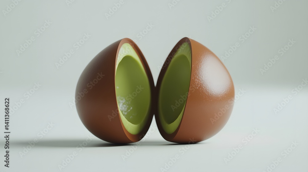 Aufkleber a 3d render of a halved avocado-like object. the outer shell is a rich brown, contrasting with the p