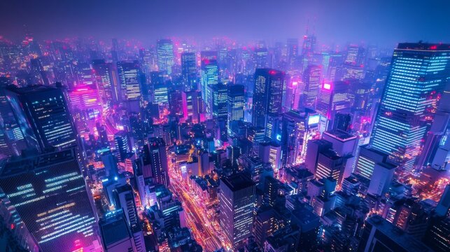 Vibrant Night Cityscape with Pink and Blue Lights