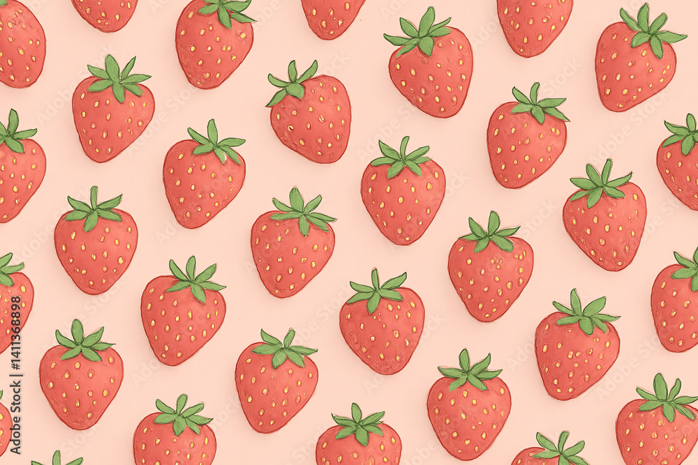 Poster Vibrant and playful pattern featuring fresh strawberries against a soft pastel background, perfect for adding a touch of summer to any design or culinary project.