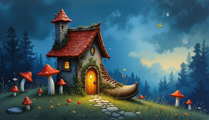 Whimsical shoe-shaped house surrounded by mushrooms fairy tale charm