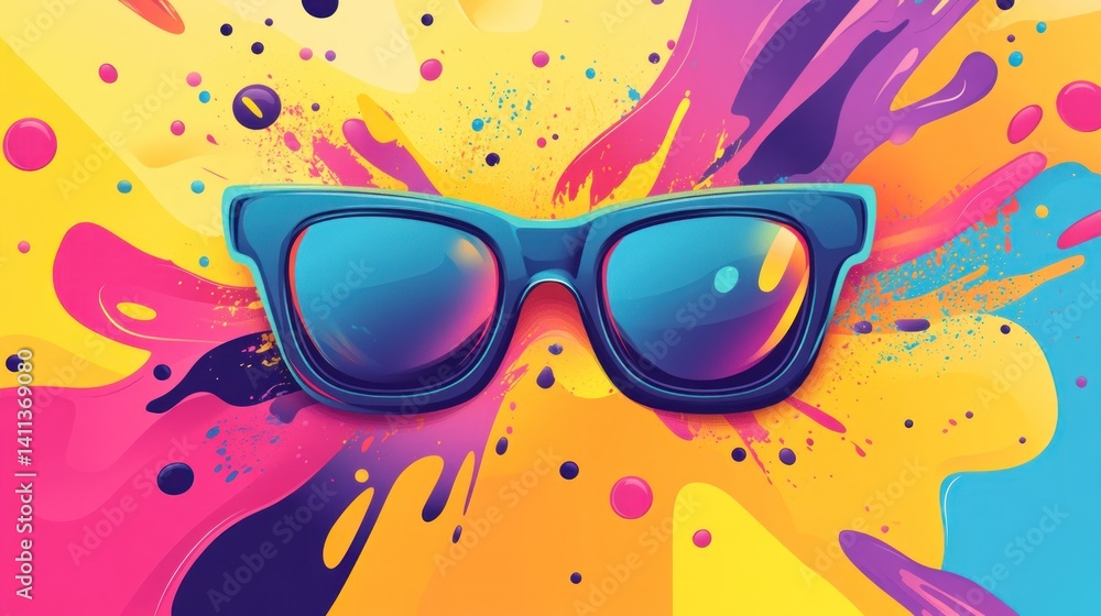 Aufkleber vibrant sunglasses resting on a playful abstract canvas of liquid colors with splashes and dots crea