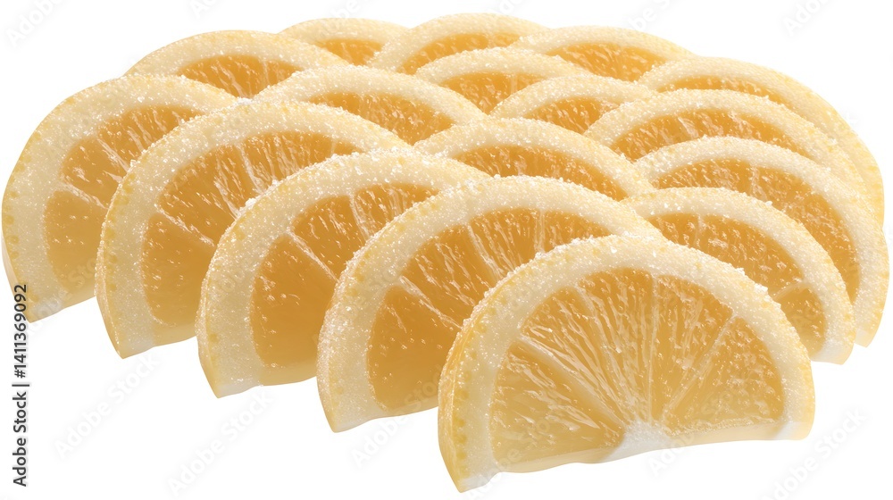 Poster close-up of several sugared lemon slices arranged in overlapping rows. the vibrant yellow color and 