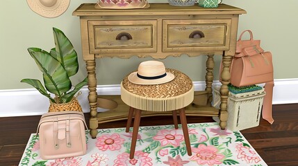Charming Interior Scene with Hats, Bags, and Floral Rug Arrangement