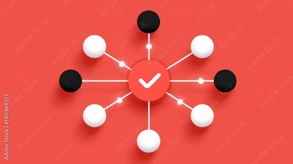 Poster a red circle with a white checkmark at the center is connected by white lines to alternating black a