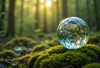 Environmental concept - Crystal globe on green moss in forest to protect nature. Eco-friendly esg conservation care for the earth for sustainability keep the earth clean and ecology. Earth Day