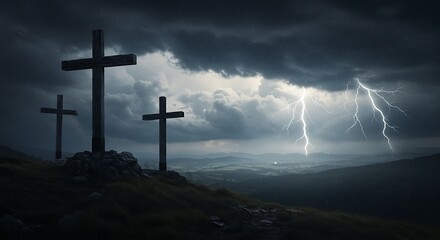 Naklejka premium Stormy Hilltop Crosses: A Dramatic Landscape Painting