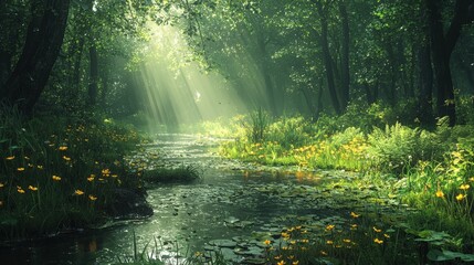 Obraz premium Peaceful woodland scene in a dense forest where tall pine trees stand, with sunlight filtering through the canopy to create dappled light and shadow on the green foliage.