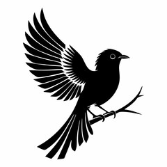 Silhouette bird perched on branch with spread wings in vector illustration.