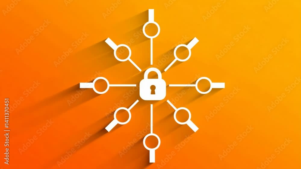 Poster a white padlock icon is at the center, connected by lines to surrounding white circles with keyhole 