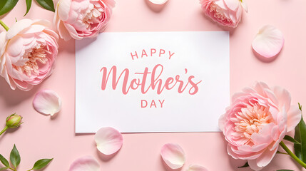 Flat Lay of Mother's Day Greeting Card with Rose and Peony Petals in Soft Pink Tones