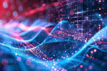 A digital representation of sound waves as a bright blue, purple, and red abstract waveform, An abstract representation of supply and demand curves intersecting