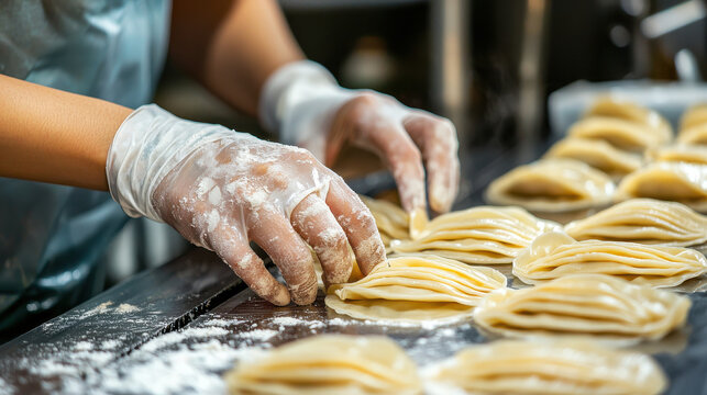 close up shot of hands wearing gloves skillfully folding dough in kitchen, showcasing art of pastry making and culinary craftsmanship