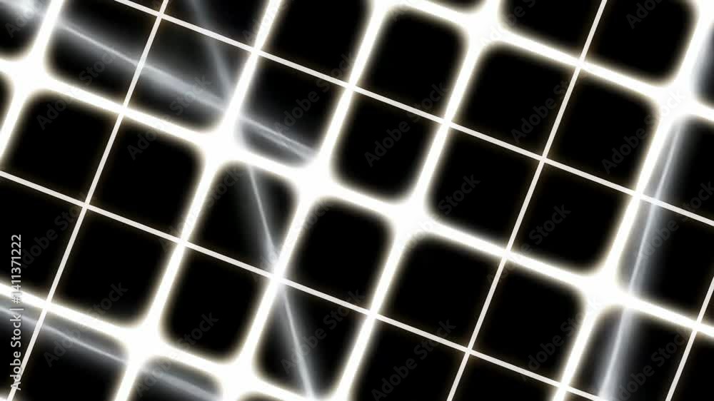 Poster a pattern of bright white grid lines overlays rounded black rectangles, creating a futuristic or tec