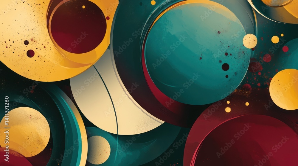 Poster energetic abstract design featuring fluid circular patterns in random colors like teal, maroon, and 