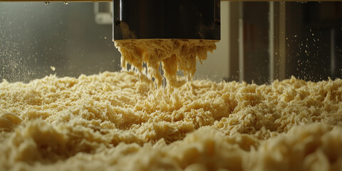 machine shaping wood shavings, creating cloud of fine particles in workshop environment, showcasing process of woodworking