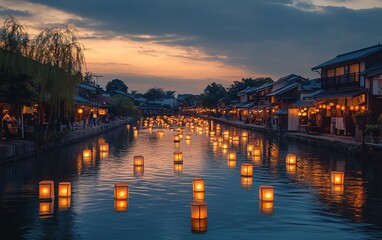 Naklejka premium Serene canal scene at sunset, illuminated by floating lanterns.
