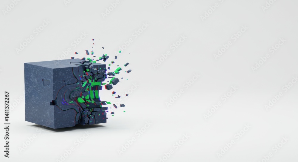 Poster abstract 3d render of exploding cube with vibrant fragments against white background