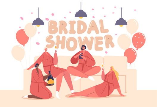 Bachelorette Party Celebration with Bride and Bridesmaids, Illustration of a joyful bachelorette party scene with the bride and bridesmaids in pink dresses toasting with champagne around a decorated.