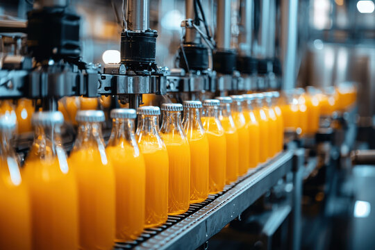 close up shot of high speed bottling line featuring orange juice bottles in factory setting, showcasing efficient production process