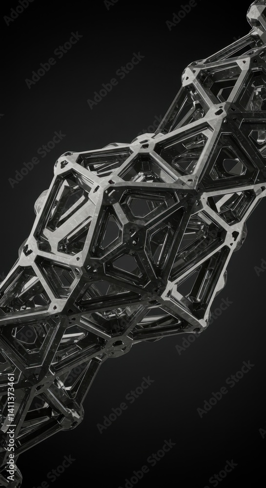 Poster abstract 3d render of a complex geometric structure, interconnected metal framework design, futurist