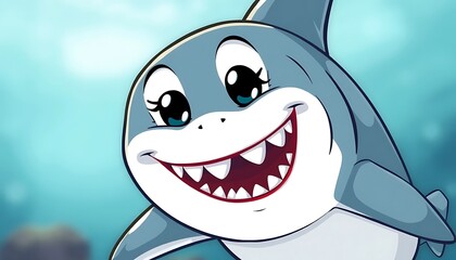 Adorable Cartoon Baby Shark Character with Big Eyes and Happy Smile Swimming Underwater