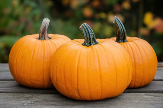 Three pumpkins on a wooden table