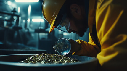 Ore processor analyzing minerals at a sorting facility. Featuring precision and analysis