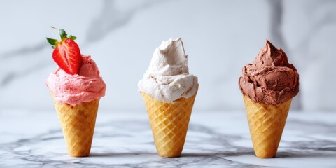 strawberry, vanilla and chocolate ice cream in cones. summer ice cream concept