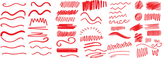 Red marker underline brush stroke set. Marker red pen highlights squiggle stroke. Vector swoosh brush handwritten underline set for accent, pencil emphasis element. Vector illustration