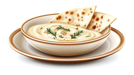Creamy hummus with pita chips on plate