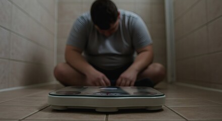 Overweight Man Sitting Looking Down at Weight Scale Inside a Bathroom