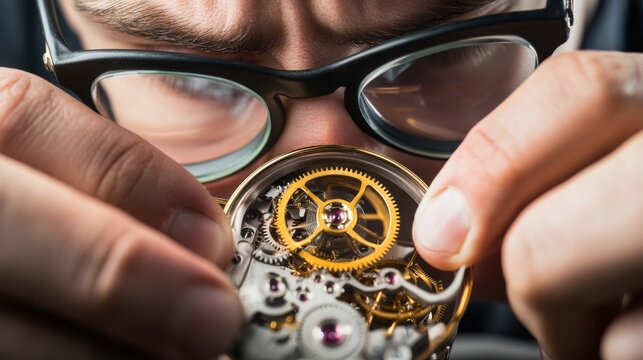 A watchmaker assembling a luxury timepiece with delicate tools. Featuring craftsmanship and precision
