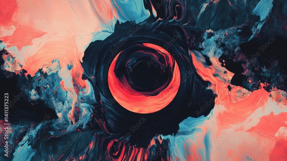 Poster abstract round pattern in bold, contrasting colors, forming a fluid and hypnotic visual effect with 
