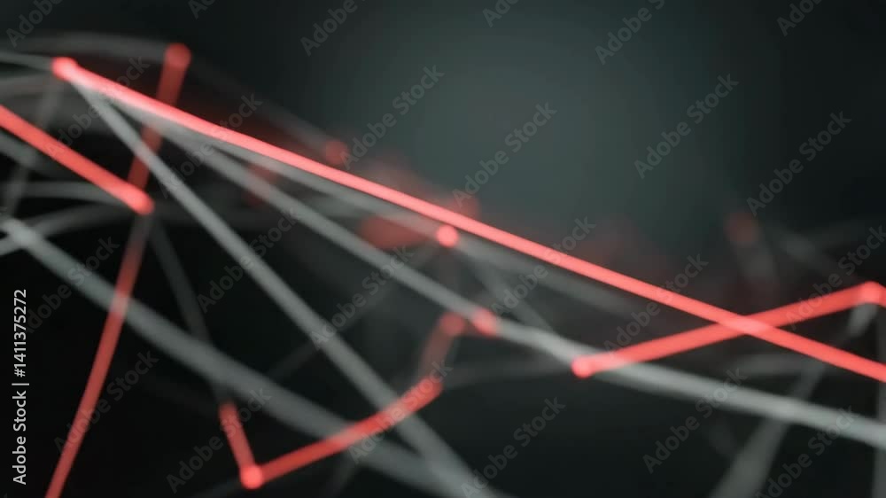 Poster interconnected red and white dots and lines form an abstract network against a blurred dark gray bac