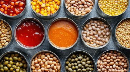 Fototapeta premium Canned beans and sauces arranged in flat lay, showcasing variety of colors and textures, creating appealing visual display