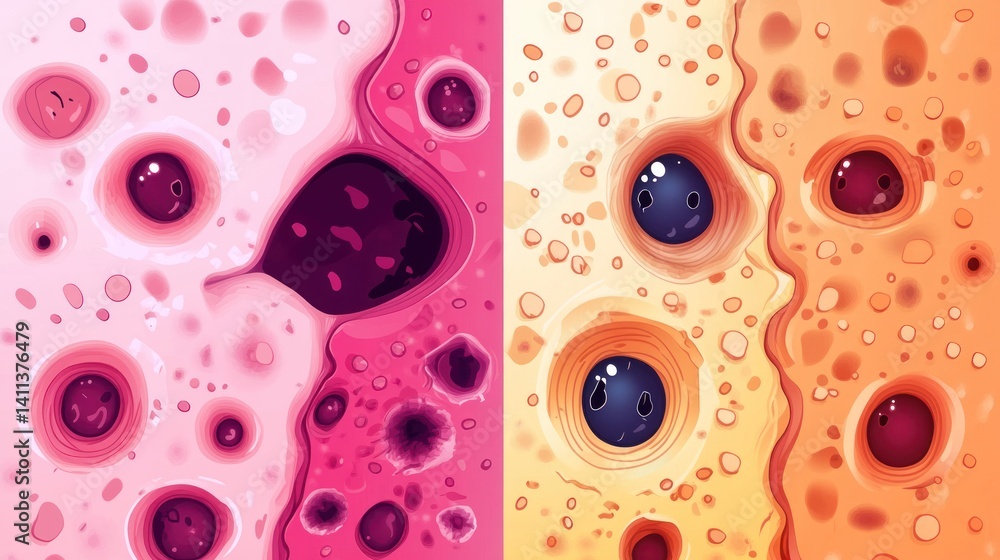 Poster an abstract and vibrant comparison of cellular structures presenting cells in pink and yellow hues a
