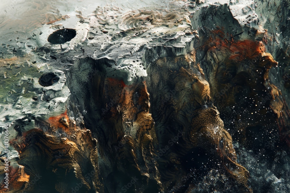 Poster an abstract landscape composed of rough and smooth topaz, creating a dramatic and surreal scene, dev
