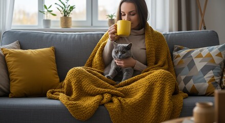 Obraz na płótnie Canvas Cozy Woman Relaxing on Sofa with Cat, Drinking Hot Beverage, Autumn Hygge at Home