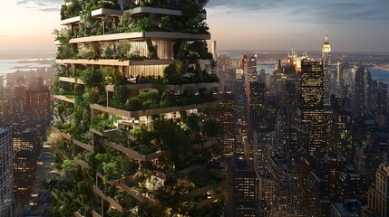 Obraz premium Lush green skyscraper overlooking city skyline at sunset.