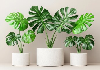 Obraz premium Three Monstera Deliciosa Plants in White Textured Pots Against a Neutral Background
