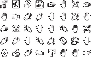 Gesture-based icon collection for mobile UI, tech, and digital apps featuring minimalist hand signs and clean black and white line illustrations for tech visuals