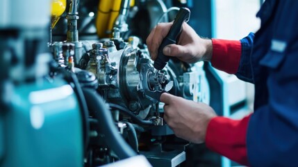 Obraz premium Technician repairing factory machinery in a production plant. Featuring troubleshooting and technical expertise