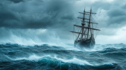 Obraz premium Dark Sailing Ship Battling a Stormy Ocean