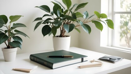 Black book mockup with workspace accessories on a white table and a ficus plant.