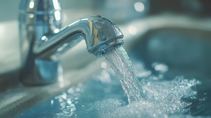 Close-Up of Water Flowing from Chrome Faucet into Sink